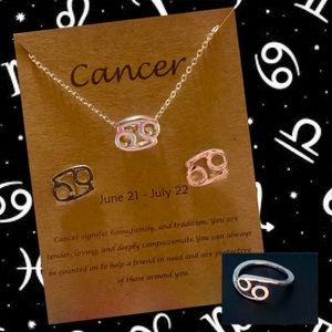 Cancer Necklace, Earrings & Ring Set